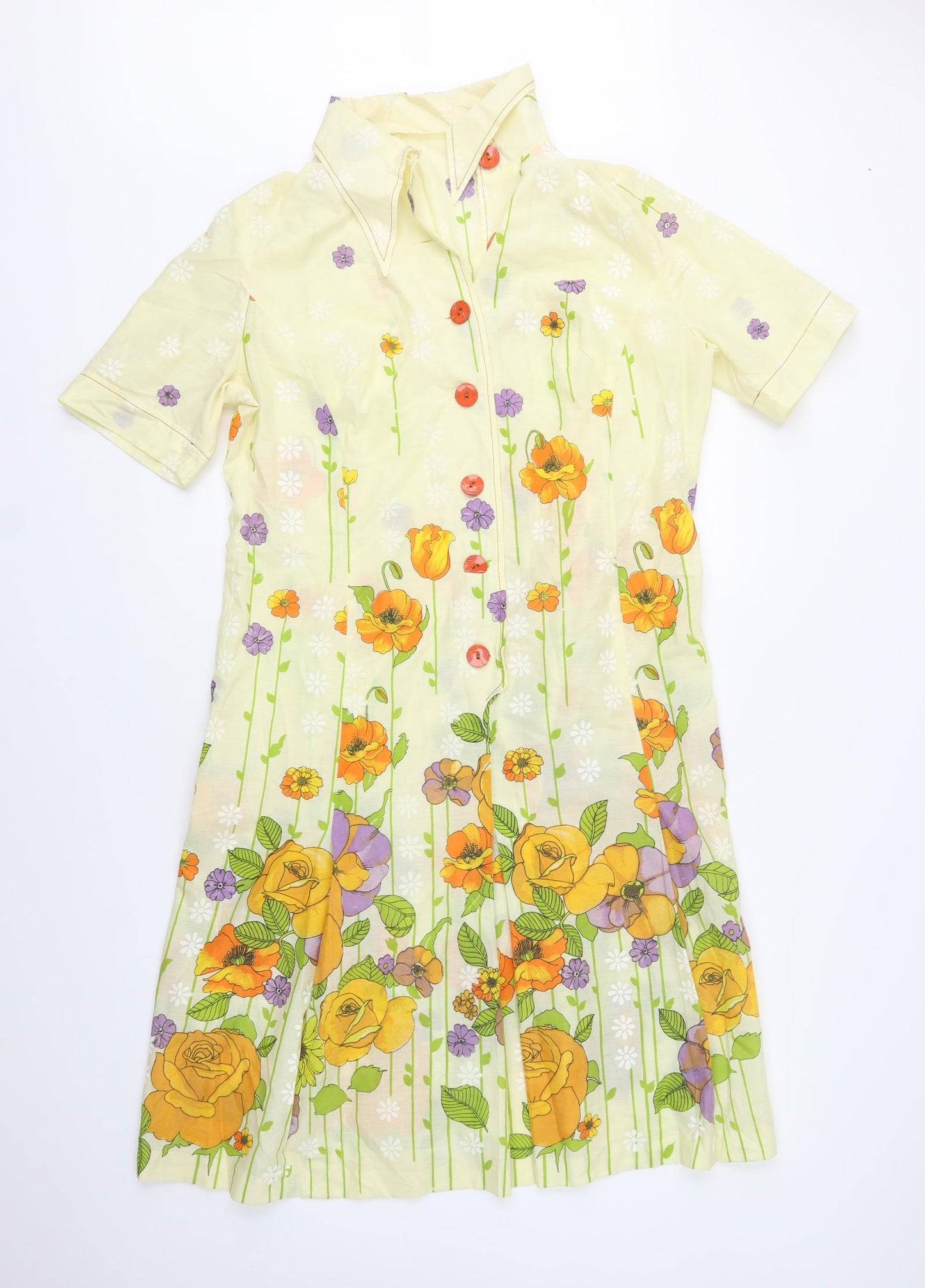 Preworn Womens Yellow Floral Polyester Shirt Dress  Size L  Collared Button