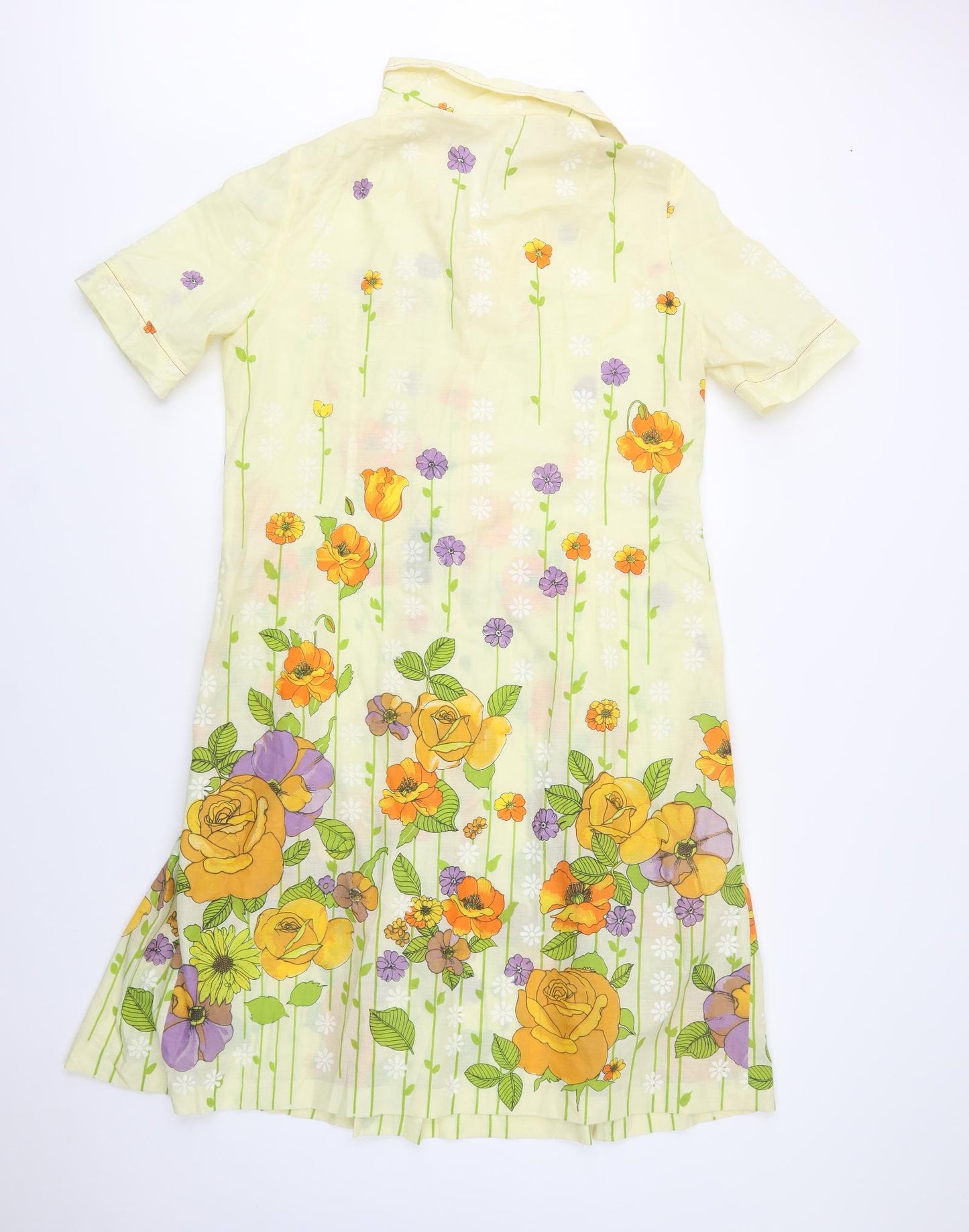 Preworn Womens Yellow Floral Polyester Shirt Dress  Size L  Collared Button
