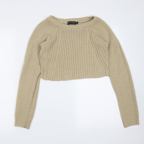 PRETTYLITTLETHING Womens Beige Round Neck Striped Acrylic Pullover Jumper Size M   - cropped