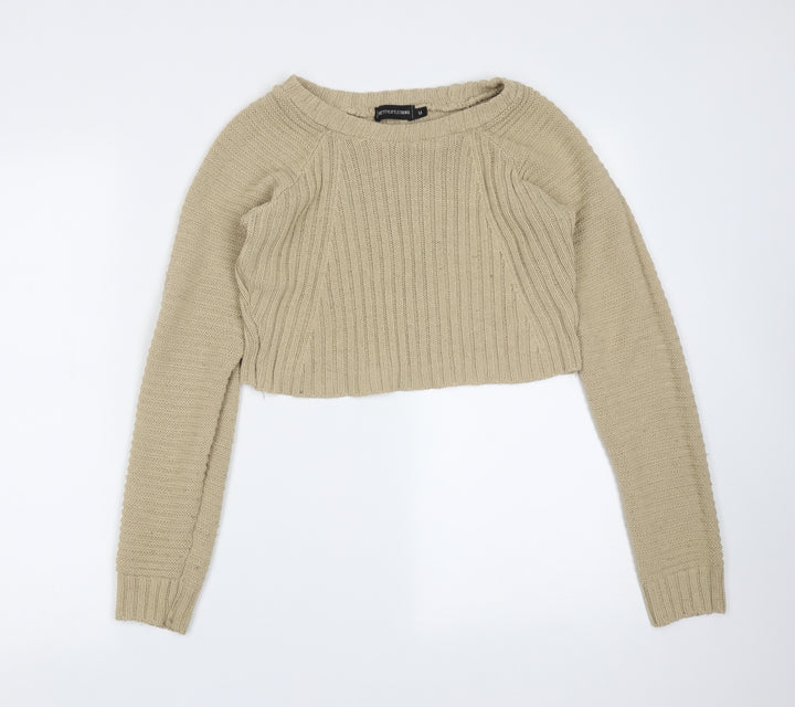 PRETTYLITTLETHING Womens Beige Round Neck Striped Acrylic Pullover Jumper Size M - cropped