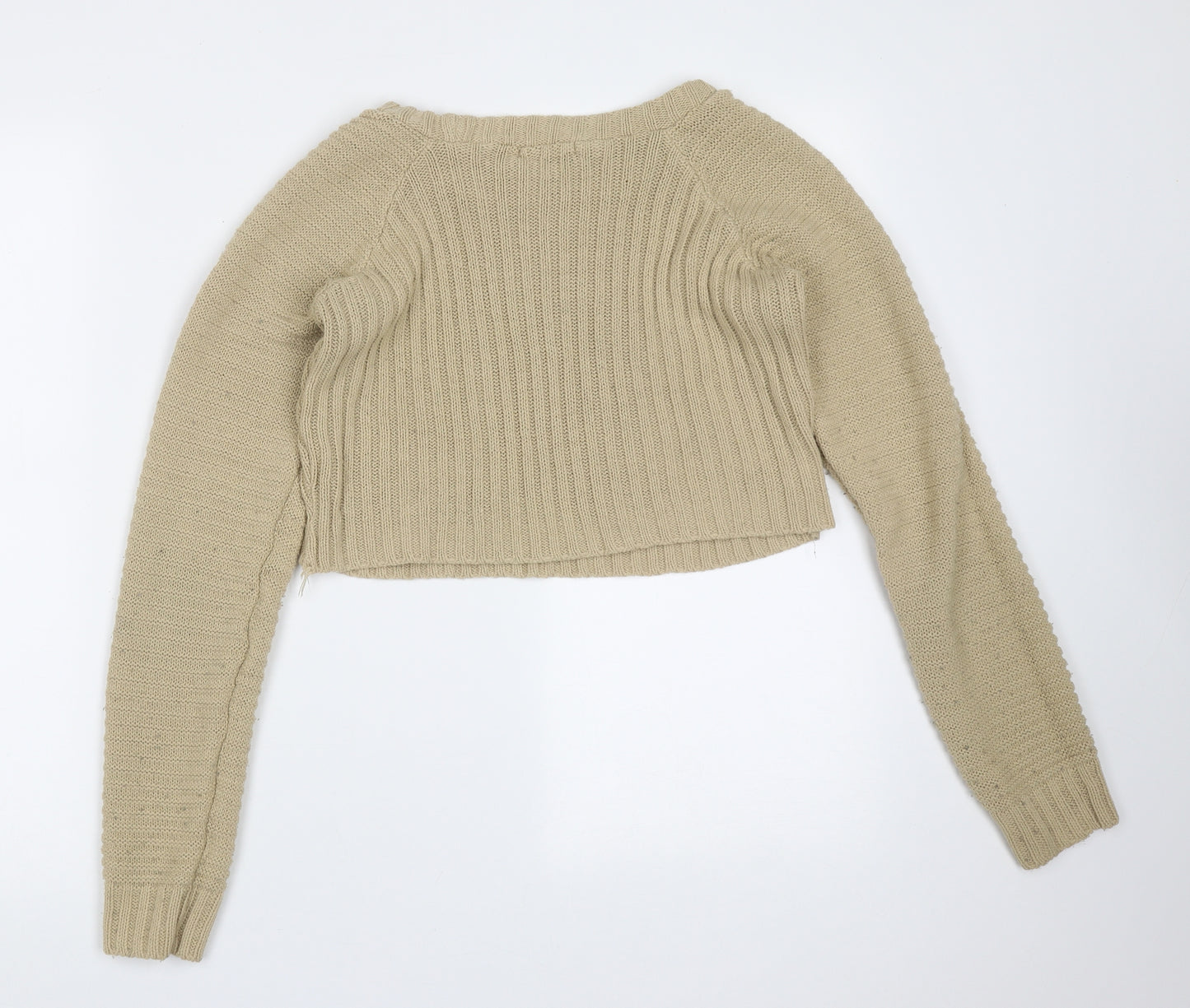 PRETTYLITTLETHING Womens Beige Round Neck Striped Acrylic Pullover Jumper Size M   - cropped