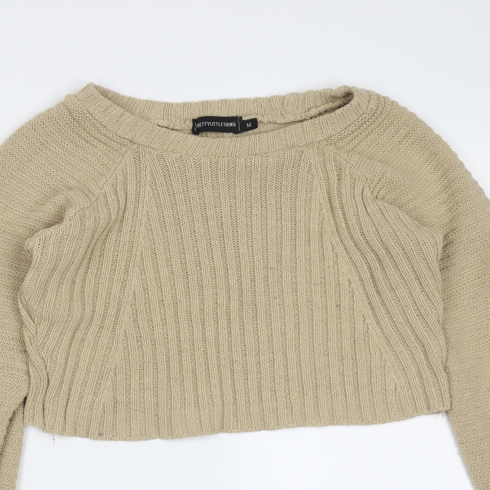 PRETTYLITTLETHING Womens Beige Round Neck Striped Acrylic Pullover Jumper Size M   - cropped