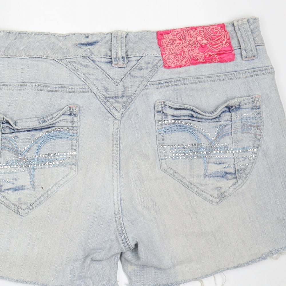 boutique couture Womens Blue  Cotton Hot Pants Shorts Size 14  Regular Zip - distressed