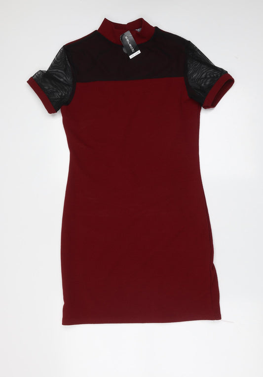 Front view of Select women’s red polyester t-shirt dress, size UK 12, round neck