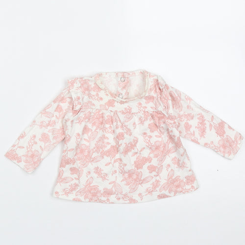 TU Girls White Floral Cotton Basic T-Shirt Size 0-3 Months Round Neck