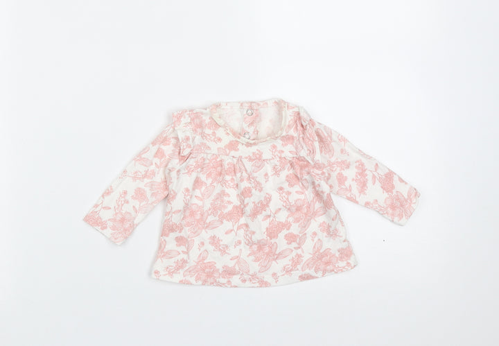TU Girls White Floral Cotton Basic T-Shirt Size 0-3 Months Round Neck