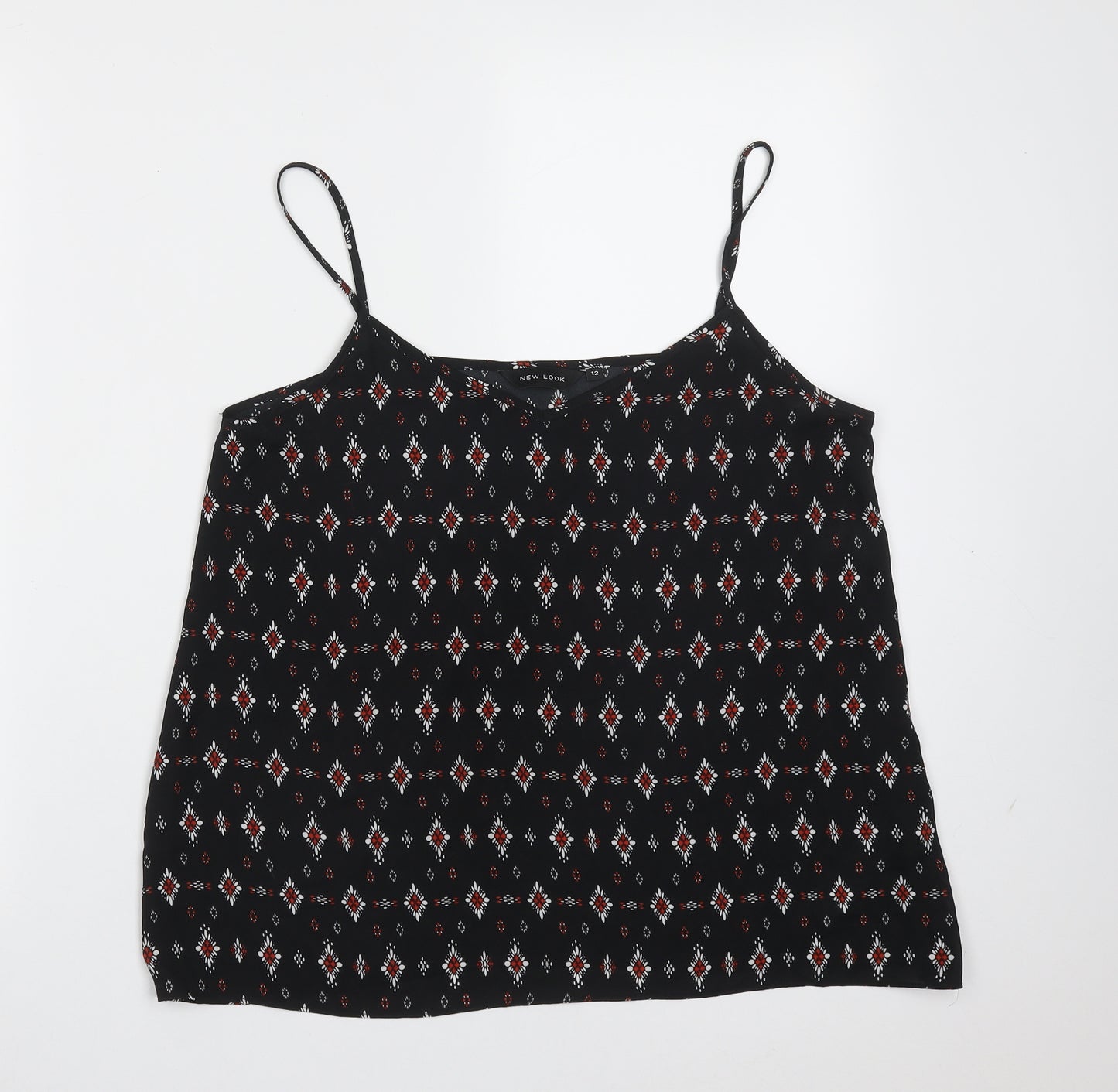 New Look Womens Black Geometric Polyester Camisole Blouse Size 12 V-Neck