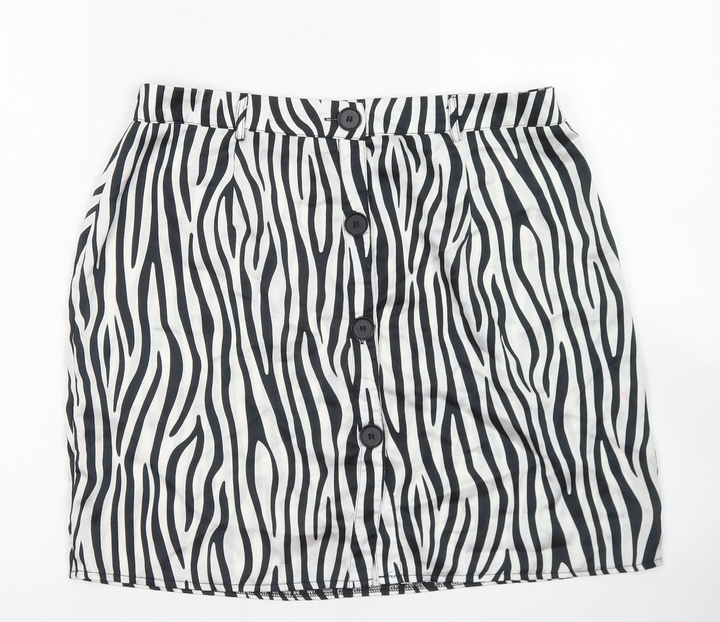 PRETTYLITTLETHING Womens White Animal Print Polyester A-Line Skirt Size 12   Button