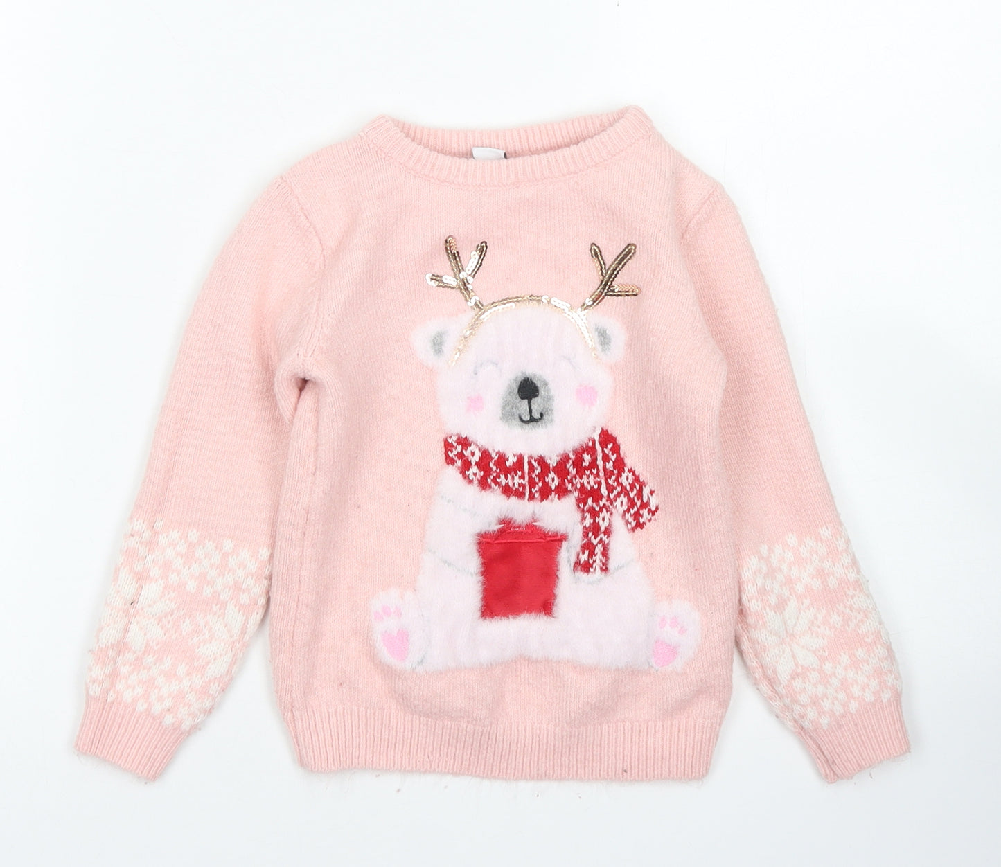 Primark Girls Pink Crew Neck  Polyester Pullover Jumper Size 4-5 Years   - Christmas Jumper Polar Bear
