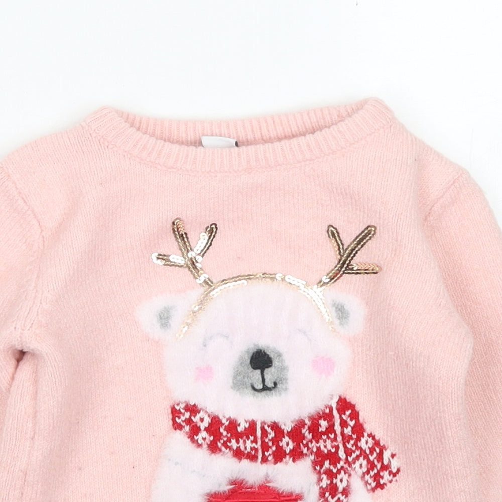 Primark Girls Pink Crew Neck  Polyester Pullover Jumper Size 4-5 Years   - Christmas Jumper Polar Bear