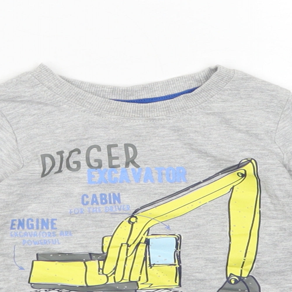 Mini Club Boys Grey  Cotton Basic T-Shirt Size 12-18 Months Crew Neck  - Diggers