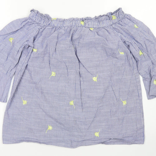 F&F Womens Blue Striped Cotton Cropped Blouse Size 6 Off the Shoulder