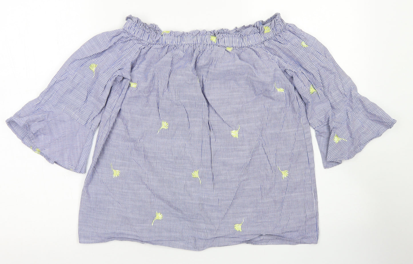 F&F Womens Blue Striped Cotton Cropped Blouse Size 6 Off the Shoulder