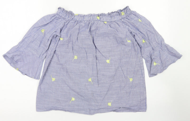 F&F Womens Blue Striped Cotton Cropped Blouse Size 6 Off the Shoulder