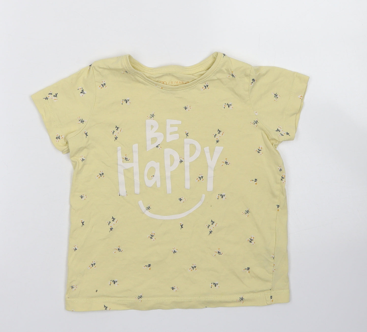 Primark Girls Yellow Floral Cotton Basic T-Shirt Size 5-6 Years Crew Neck