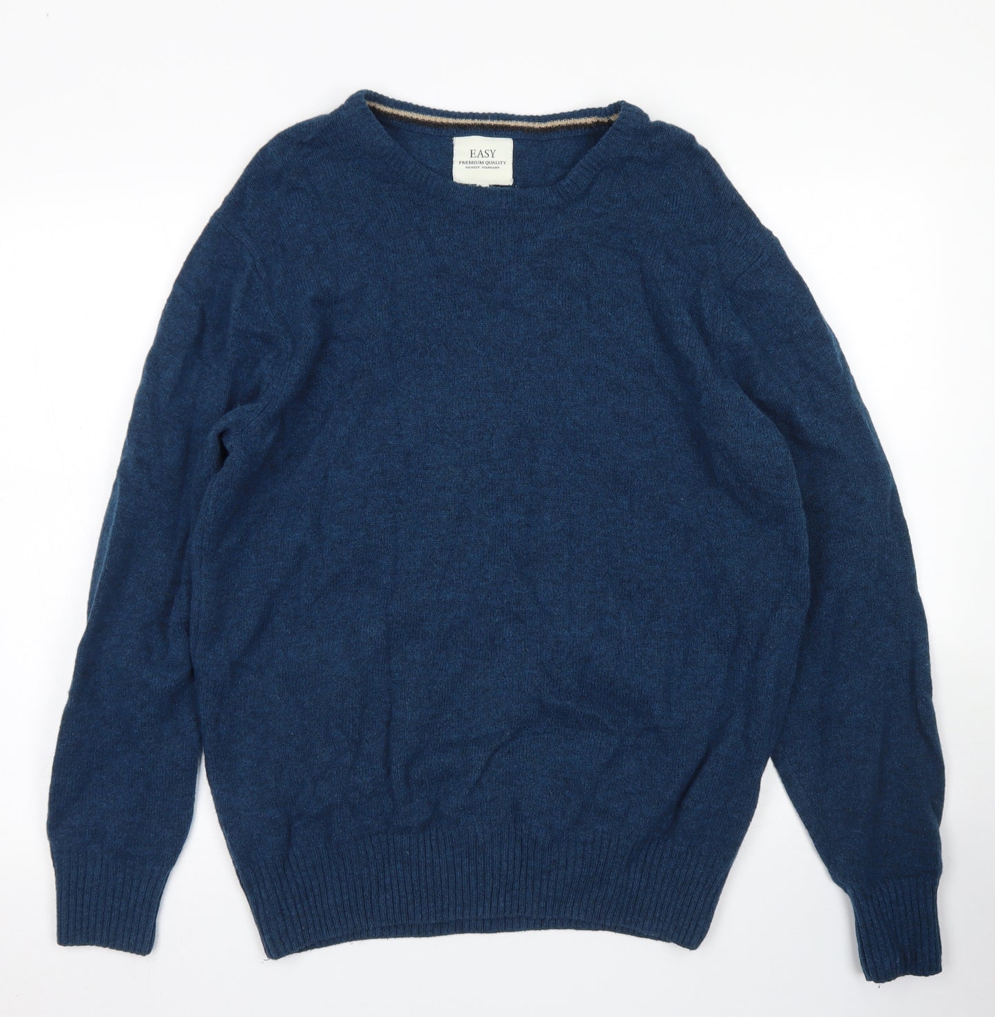 Easy Mens Blue Crew Neck  Wool Pullover Jumper Size M
