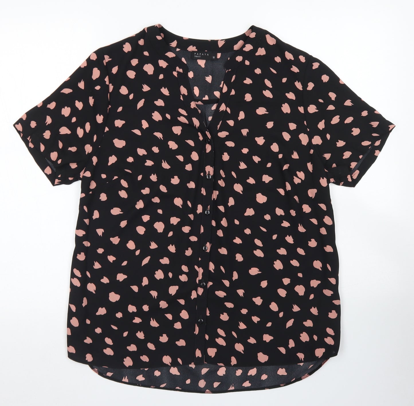 Papaya Womens Black Animal Print Polyester Basic Blouse Size 16 Round Neck