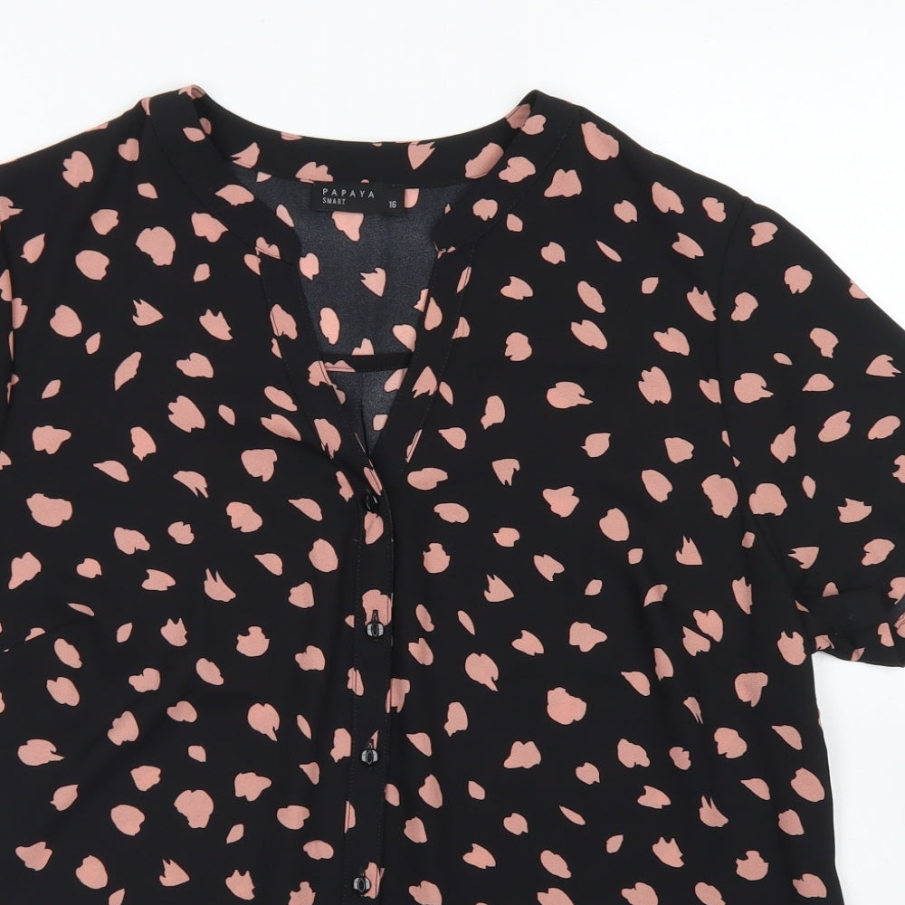 Papaya Womens Black Animal Print Polyester Basic Blouse Size 16 Round Neck