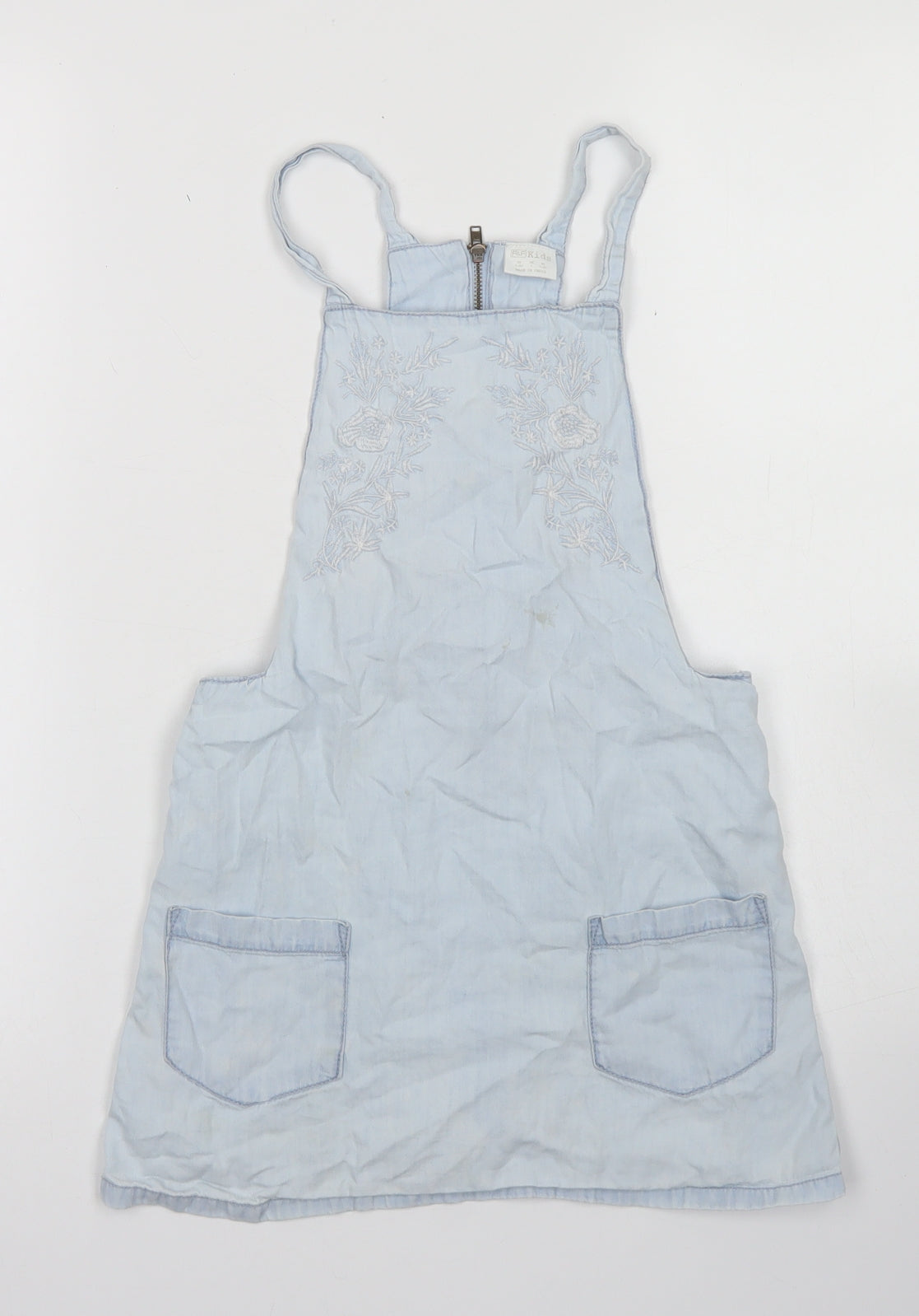 F&F Girls Blue  Cotton Pinafore/Dungaree Dress  Size 7-8 Years  Square Neck Zip