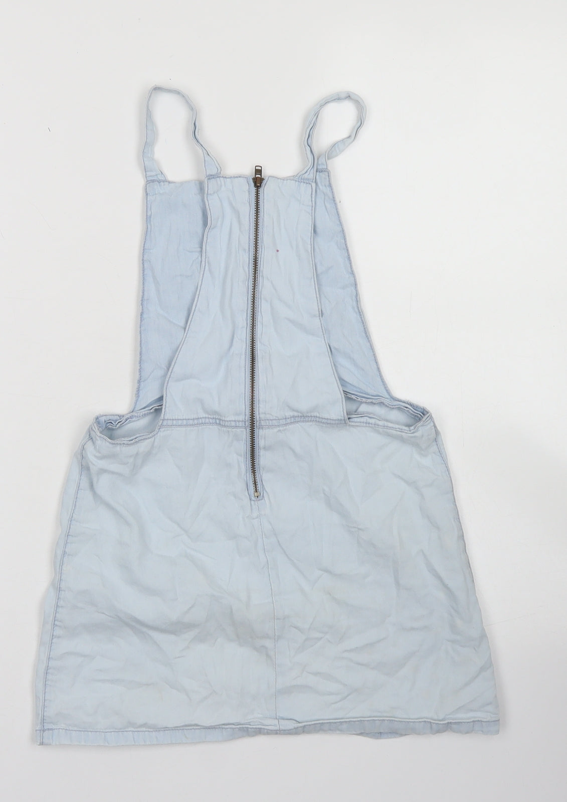 F&F Girls Blue  Cotton Pinafore/Dungaree Dress  Size 7-8 Years  Square Neck Zip