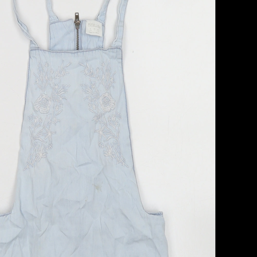 F&F Girls Blue  Cotton Pinafore/Dungaree Dress  Size 7-8 Years  Square Neck Zip