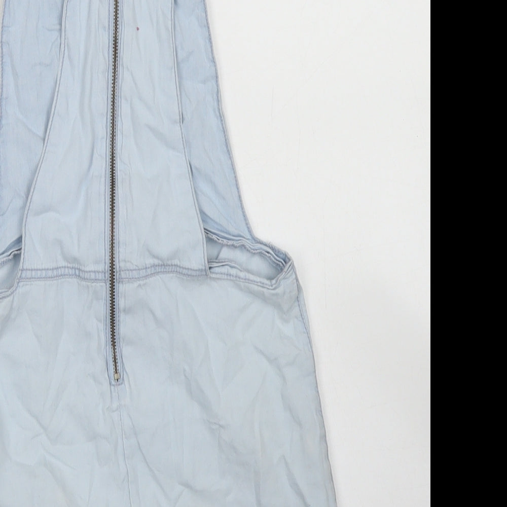 F&F Girls Blue  Cotton Pinafore/Dungaree Dress  Size 7-8 Years  Square Neck Zip