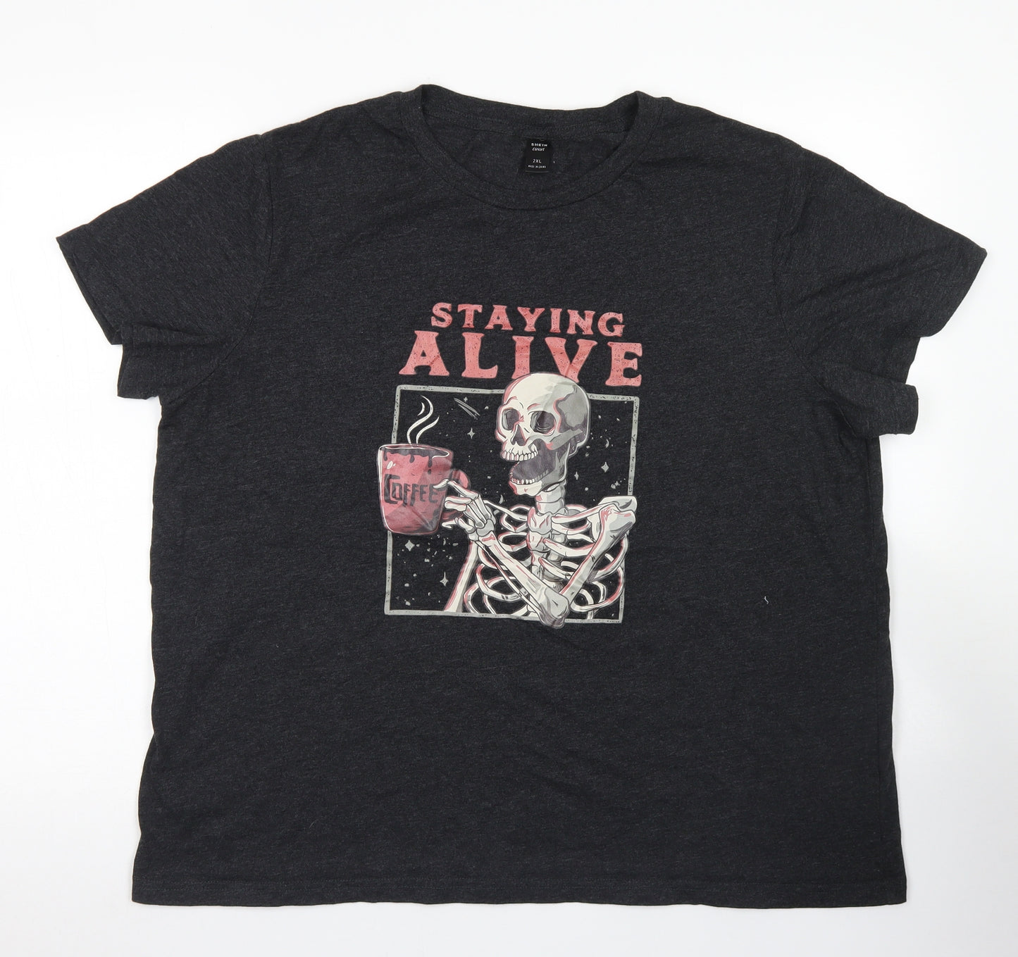 SheIn Womens Black  Cotton Basic T-Shirt Size 2XL Crew Neck - Staying Alive