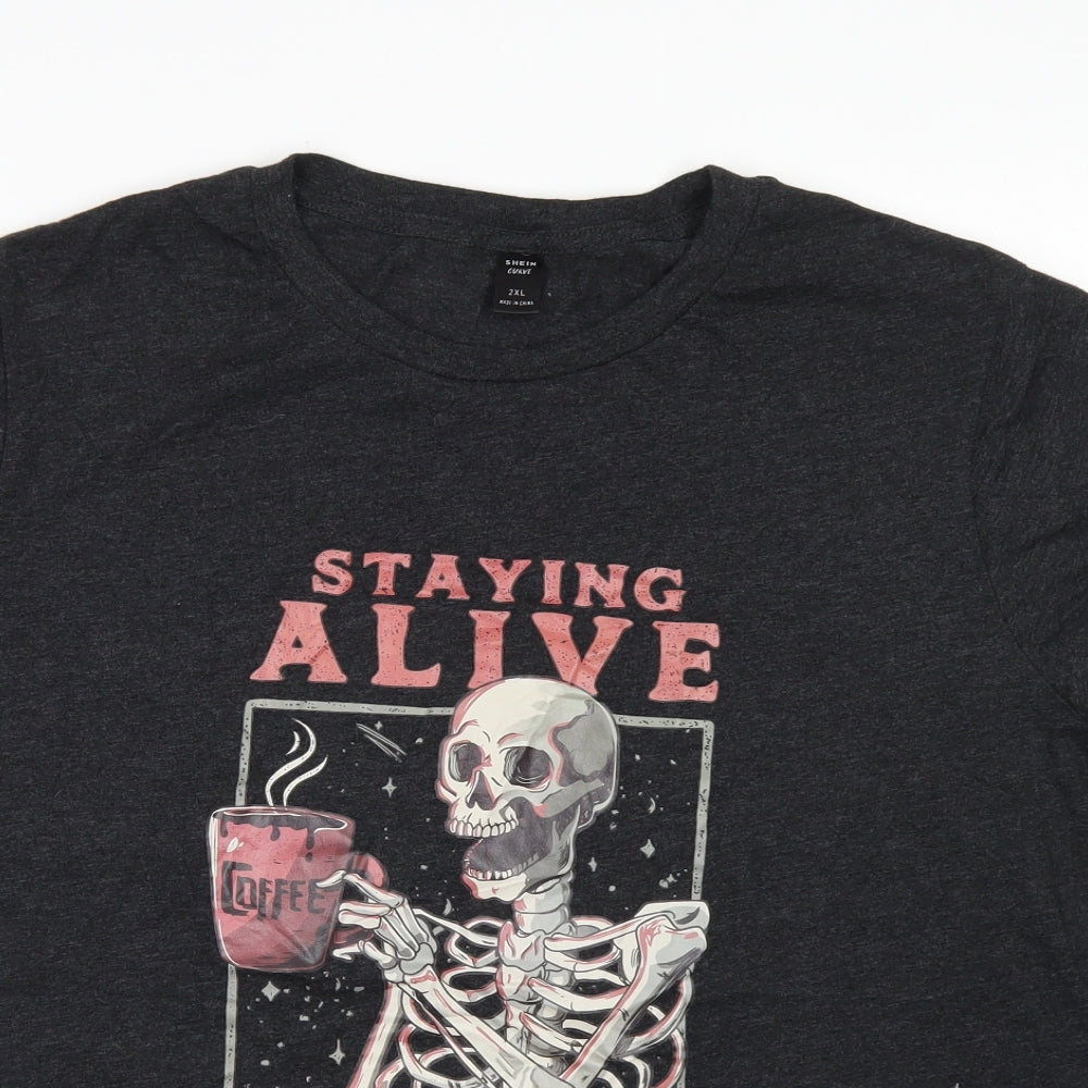 SheIn Womens Black  Cotton Basic T-Shirt Size 2XL Crew Neck - Staying Alive