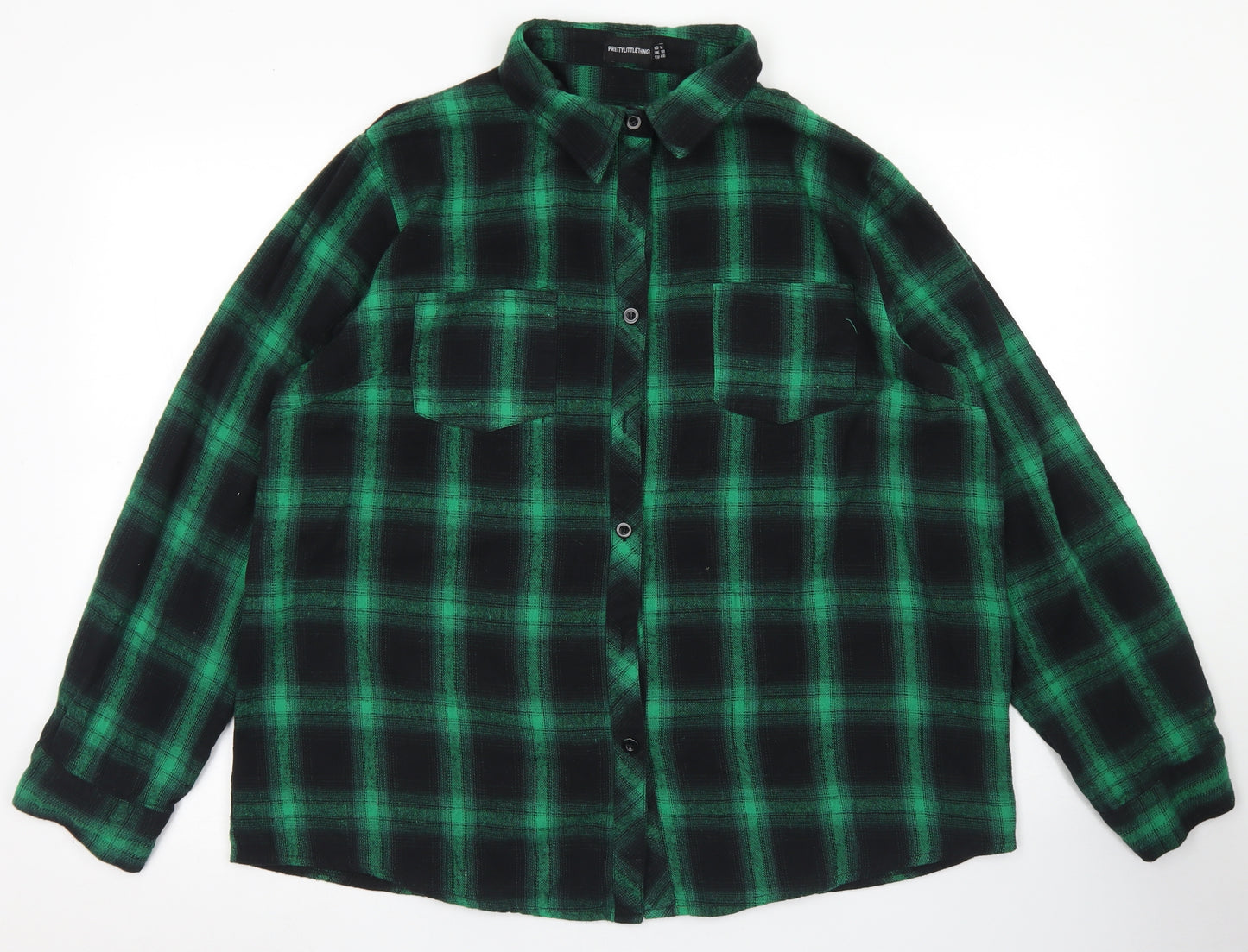 PRETTYLITTLETHING Womens Green Plaid Cotton Basic Button-Up Size 18 Collared