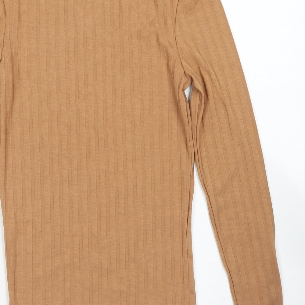 Primark Womens Brown Striped Polyester Basic T-Shirt Size 2XS Crew Neck