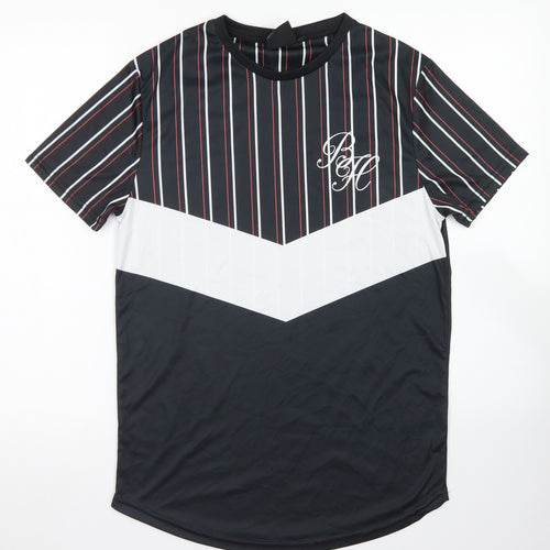 Beck & Hersey Mens Black Striped Polyester  T-Shirt Size M Crew Neck