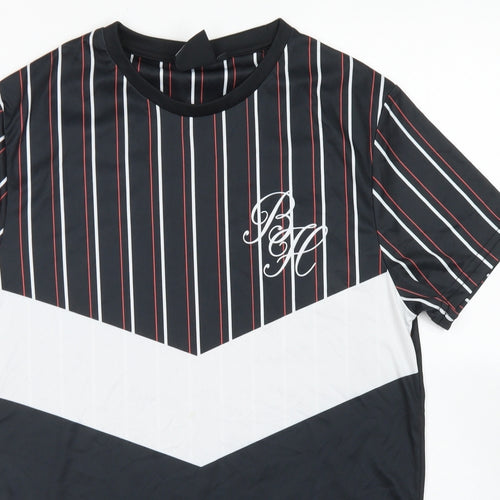 Beck & Hersey Mens Black Striped Polyester  T-Shirt Size M Crew Neck