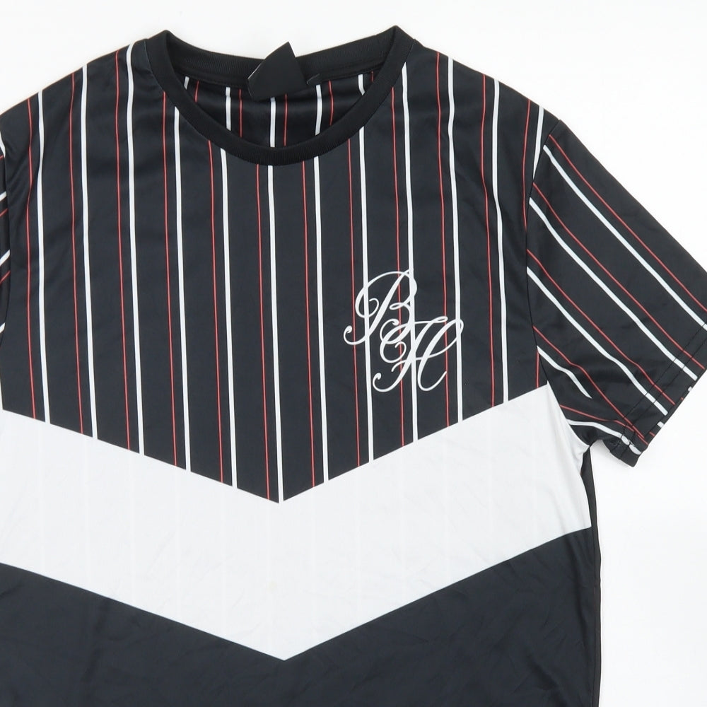Beck & Hersey Mens Black Striped Polyester  T-Shirt Size M Crew Neck