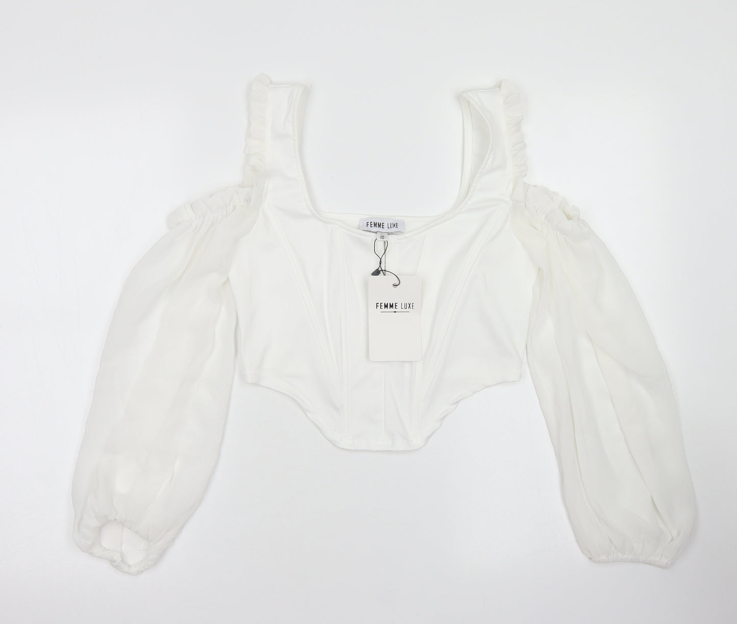Femme Luxe Womens White  Polyester Cropped Blouse Size 10 Square Neck - Corset Style, Cold Shoulder, Puff Sleeve