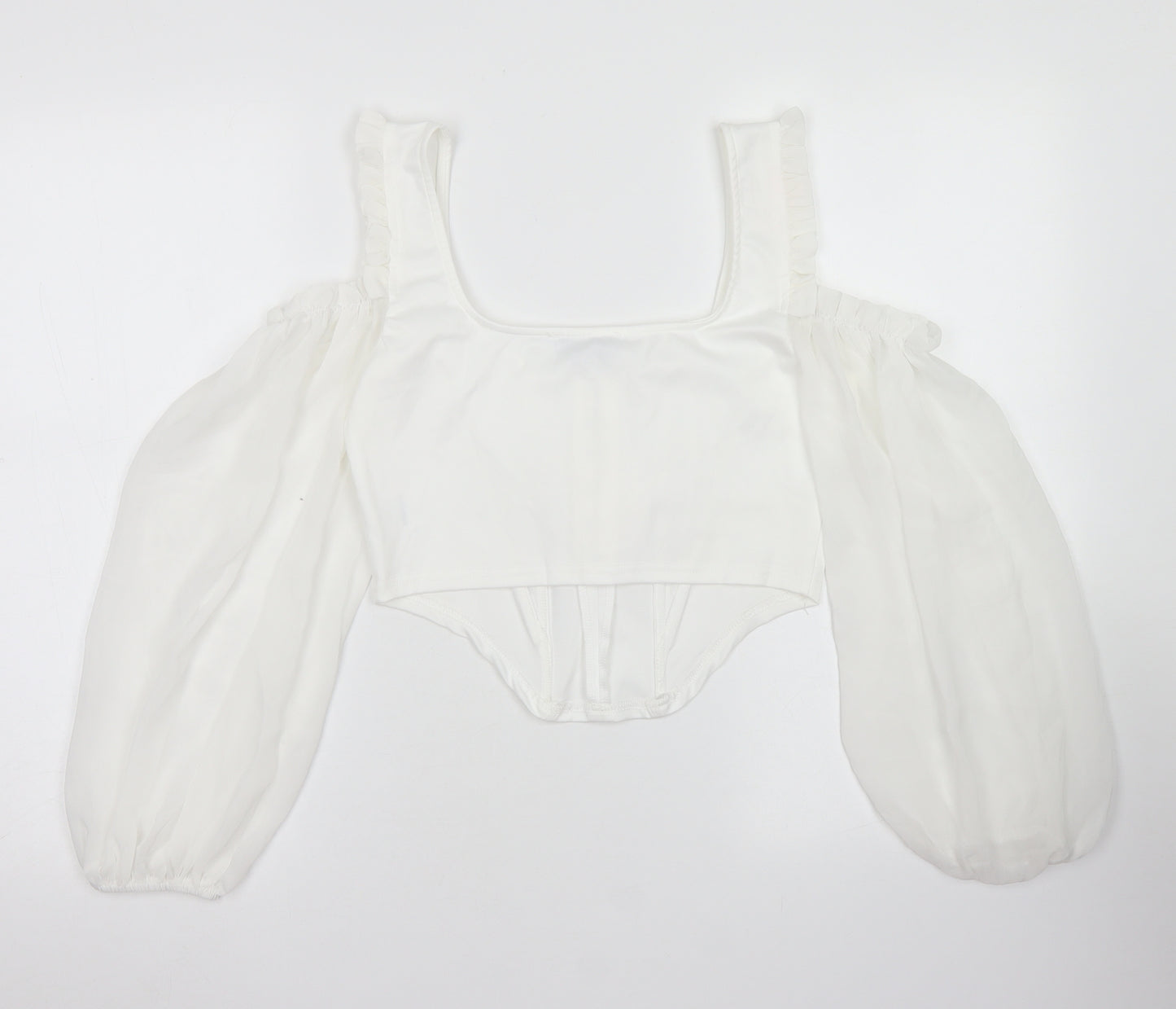 Femme Luxe Womens White  Polyester Cropped Blouse Size 10 Square Neck - Corset Style, Cold Shoulder, Puff Sleeve
