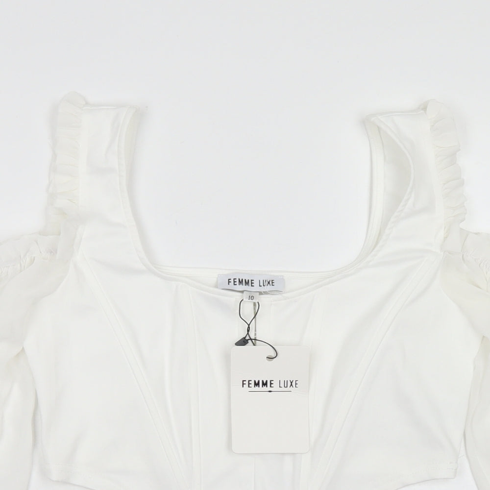 Femme Luxe Womens White  Polyester Cropped Blouse Size 10 Square Neck - Corset Style, Cold Shoulder, Puff Sleeve