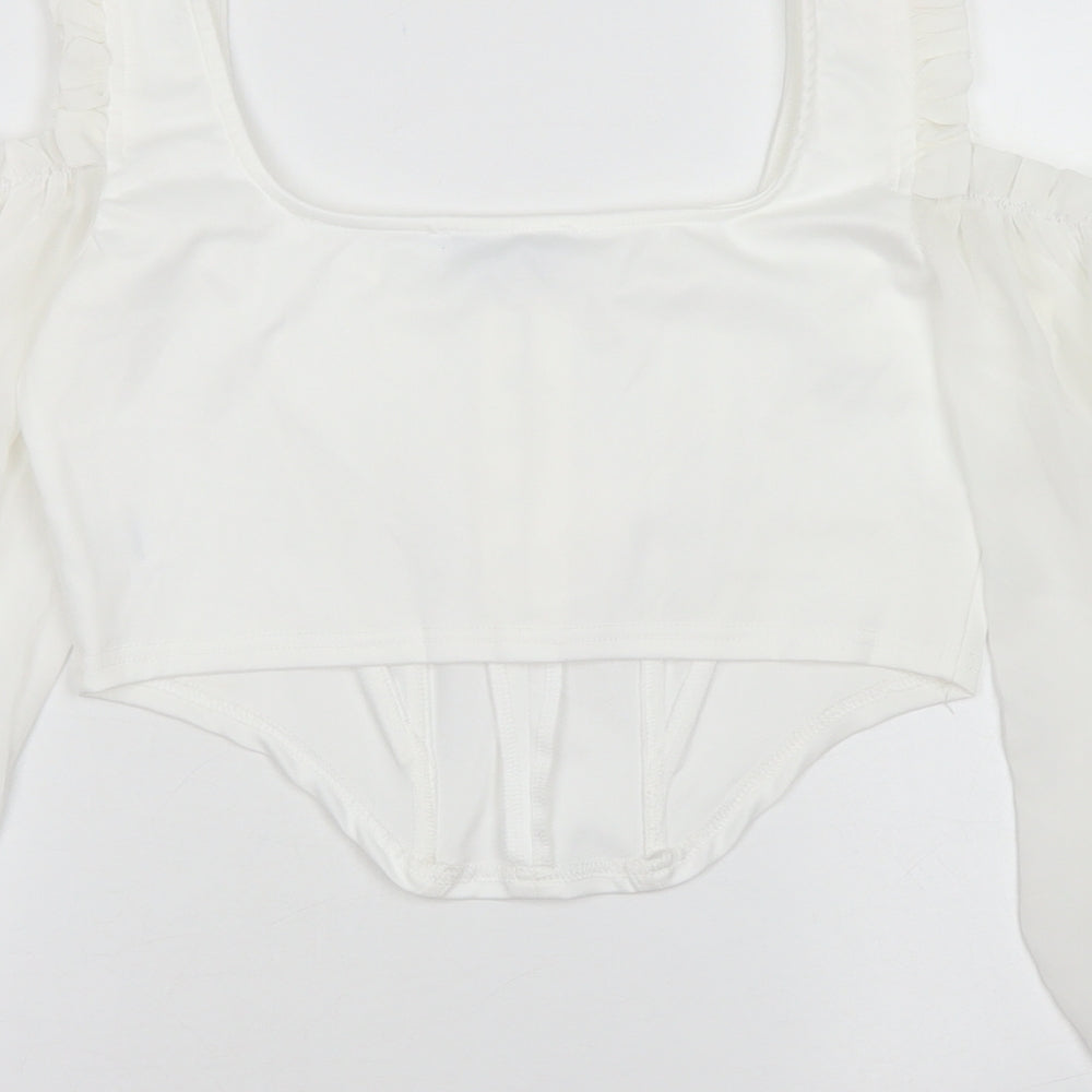 Femme Luxe Womens White  Polyester Cropped Blouse Size 10 Square Neck - Corset Style, Cold Shoulder, Puff Sleeve