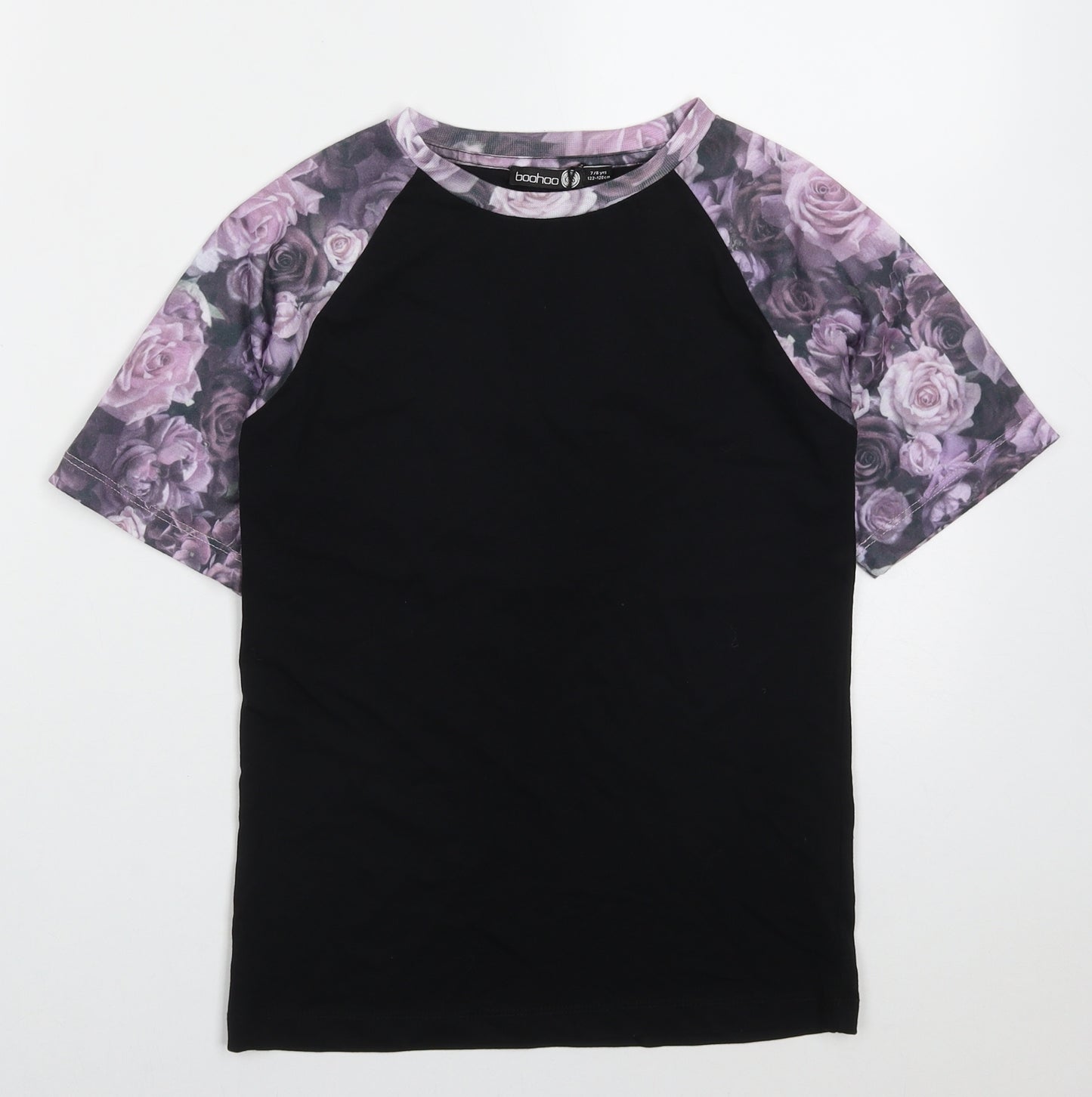 Boohoo Boys Purple Floral Cotton Basic T-Shirt Size 7-8 Years Crew Neck Pullover
