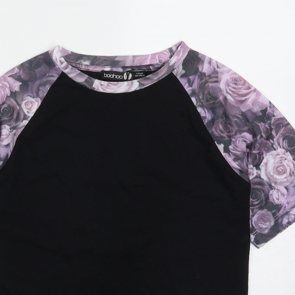 Boohoo Boys Purple Floral Cotton Basic T-Shirt Size 7-8 Years Crew Neck Pullover