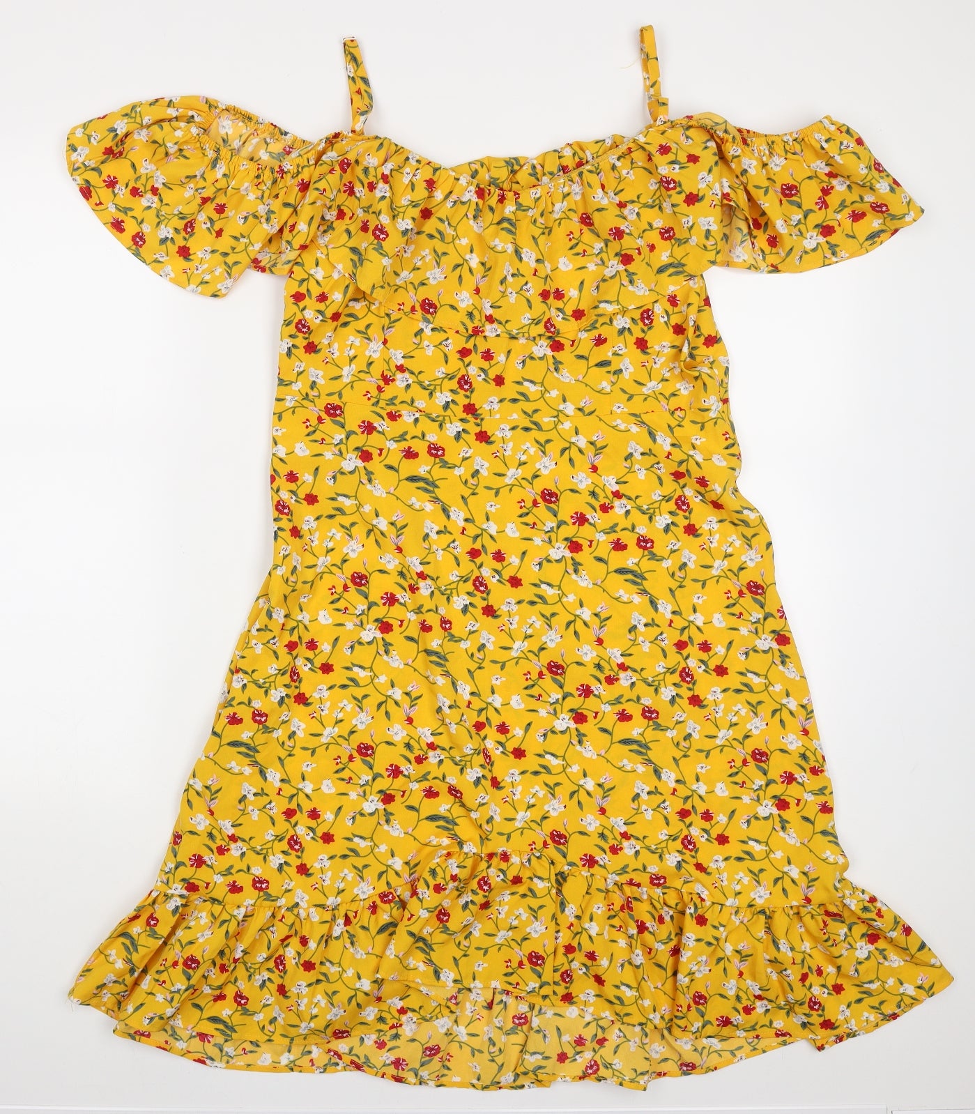SheIn Womens Yellow Floral Polyester A-Line  Size L  Off the Shoulder