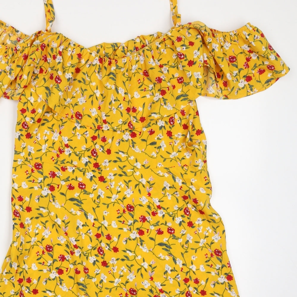 SheIn Womens Yellow Floral Polyester A-Line  Size L  Off the Shoulder