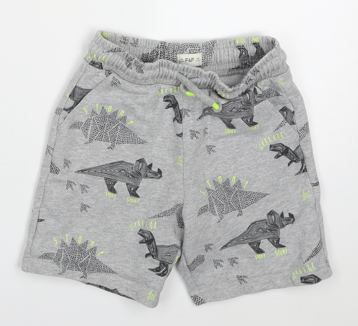 F&F Boys Grey Geometric Cotton Sweat Shorts Size 5-6 Years  Regular Drawstring - Dinosaurs