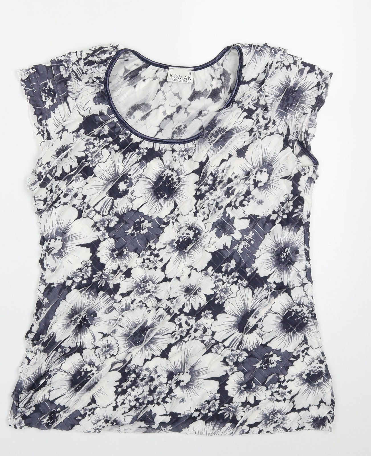 Roman Womens Blue Floral Polyester Basic T-Shirt Size 12 Round Neck