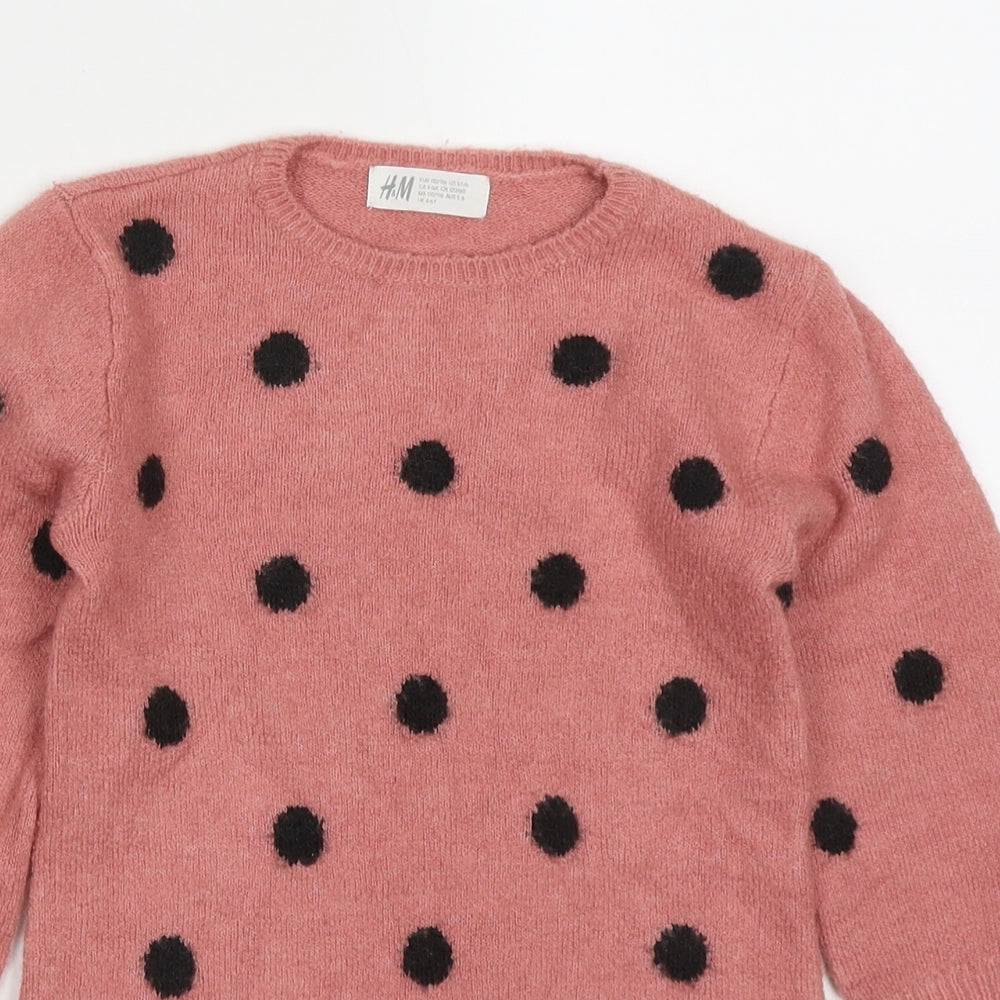 H&M Girls Pink Round Neck Polka Dot Acrylic Pullover Jumper Size 4-5 Years  Pullover