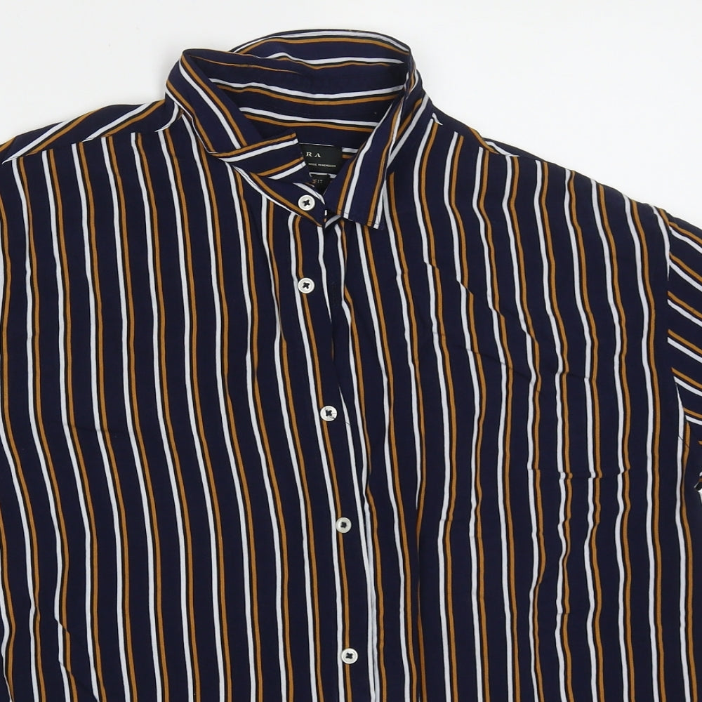 Zara Mens Blue Striped Viscose  Button-Up Size L Collared Button