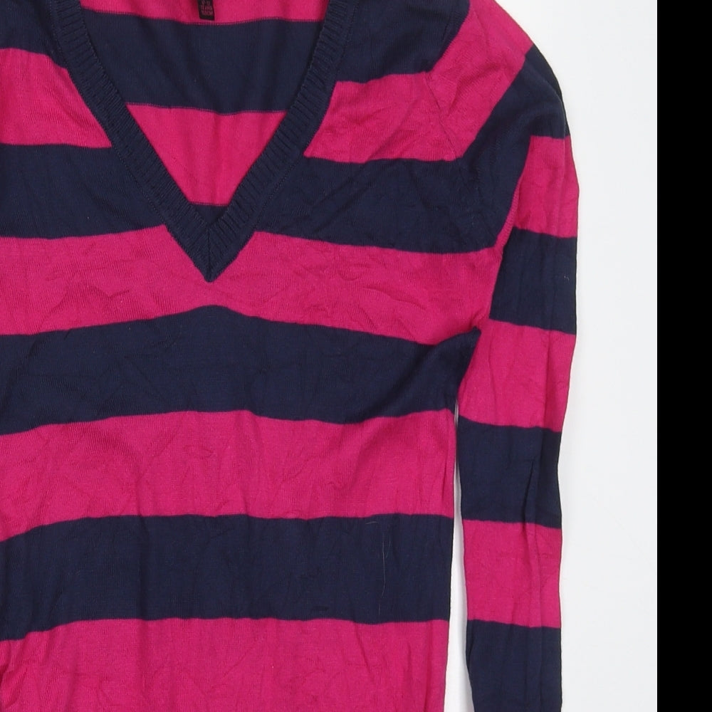Young Dimension Girls Pink V-Neck Striped Cotton Pullover Jumper Size 12-13 Years  Pullover