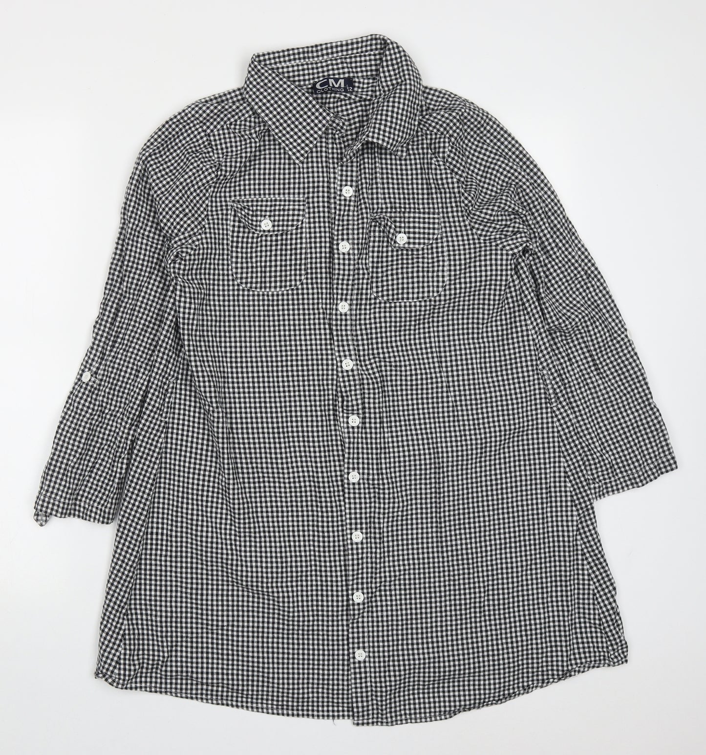 CM Clothing  Womens Black Check Cotton Basic Button-Up Size 12 Collared
