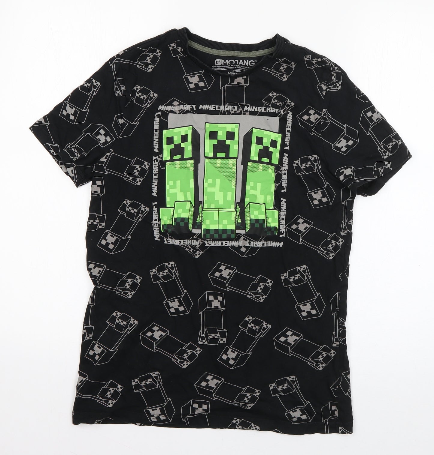 F&F Boys Black Geometric Cotton Basic T-Shirt Size 12-13 Years Round Neck Pullover - Minecraft
