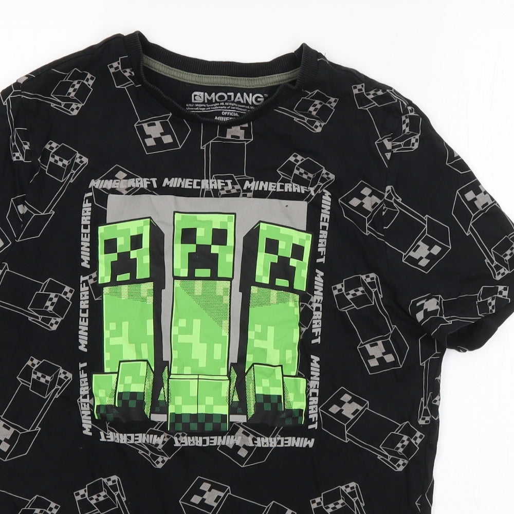 F&F Boys Black Geometric Cotton Basic T-Shirt Size 12-13 Years Round Neck Pullover - Minecraft