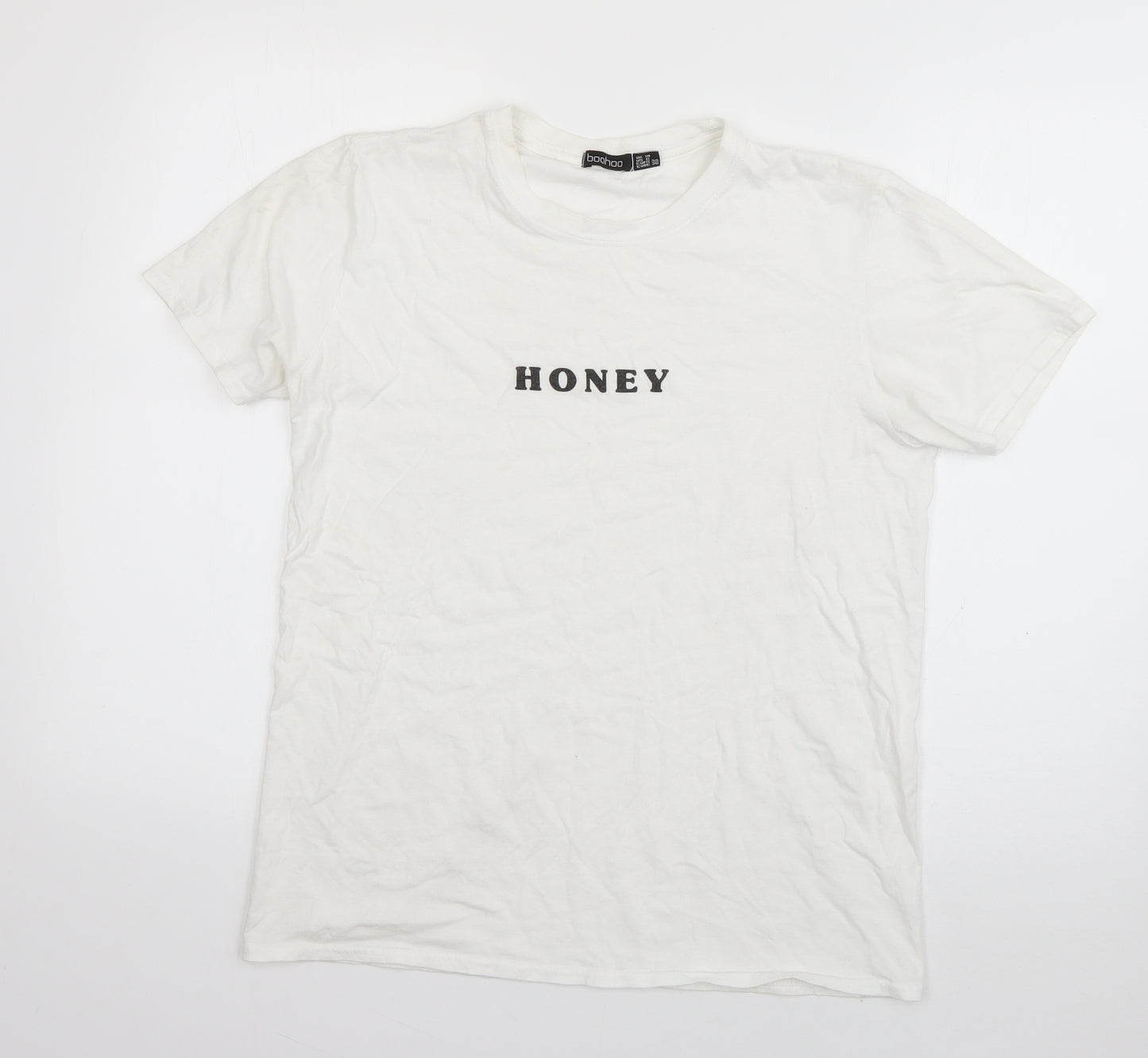 Boohoo Womens White  Cotton Basic T-Shirt Size 10 Roll Neck - Honey